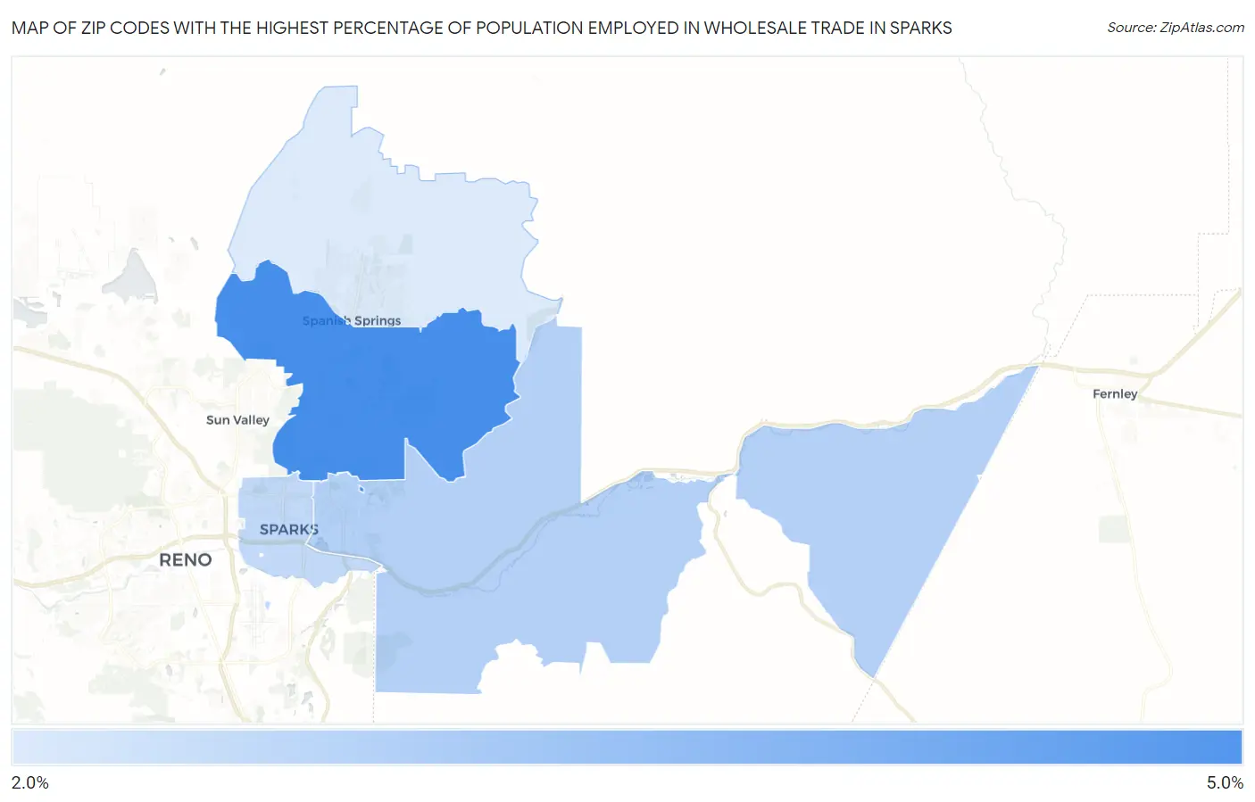 Zip Codes with the Highest Percentage of Population Employed in Wholesale Trade in Sparks Map