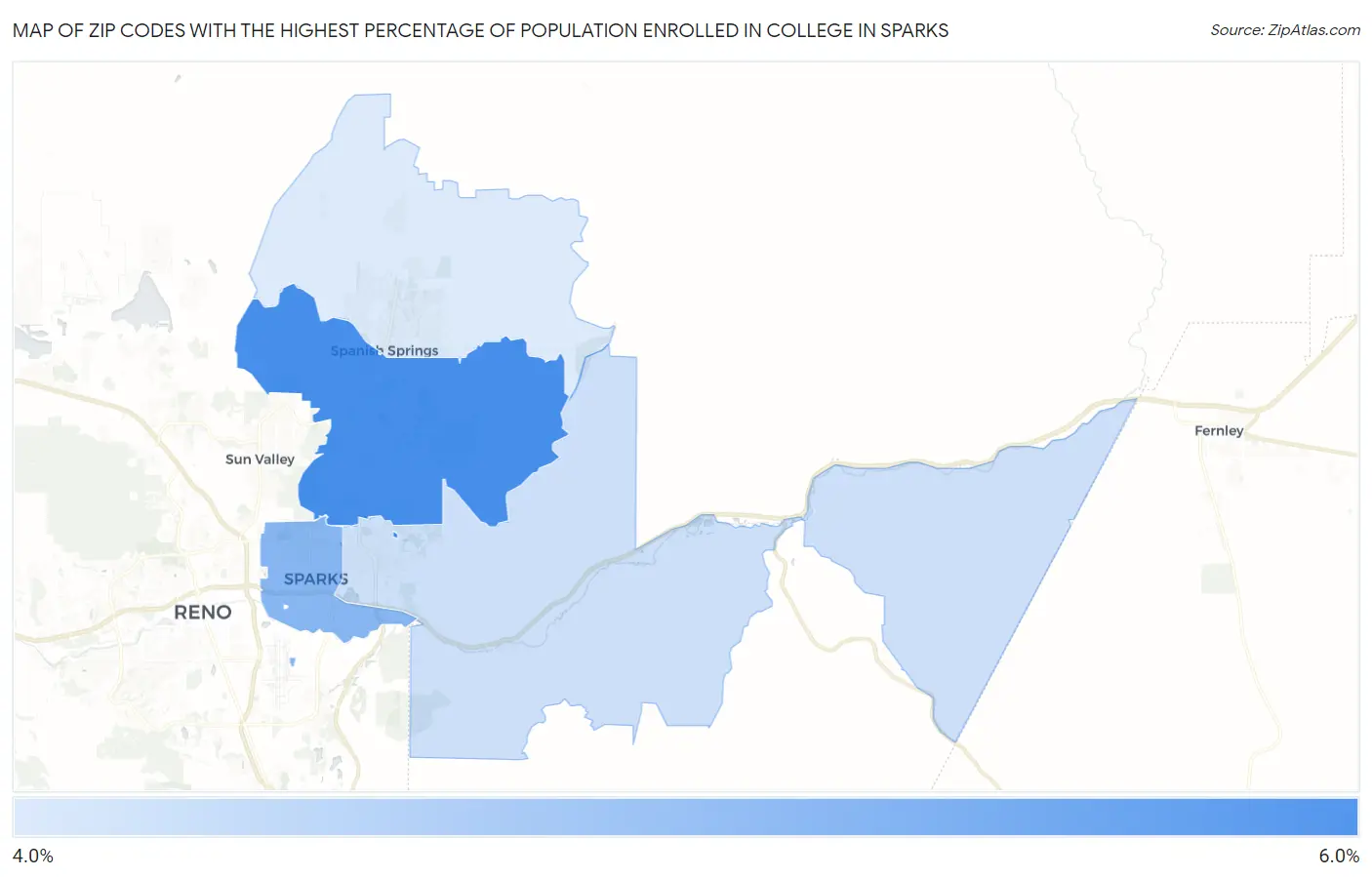 Zip Codes with the Highest Percentage of Population Enrolled in College in Sparks Map
