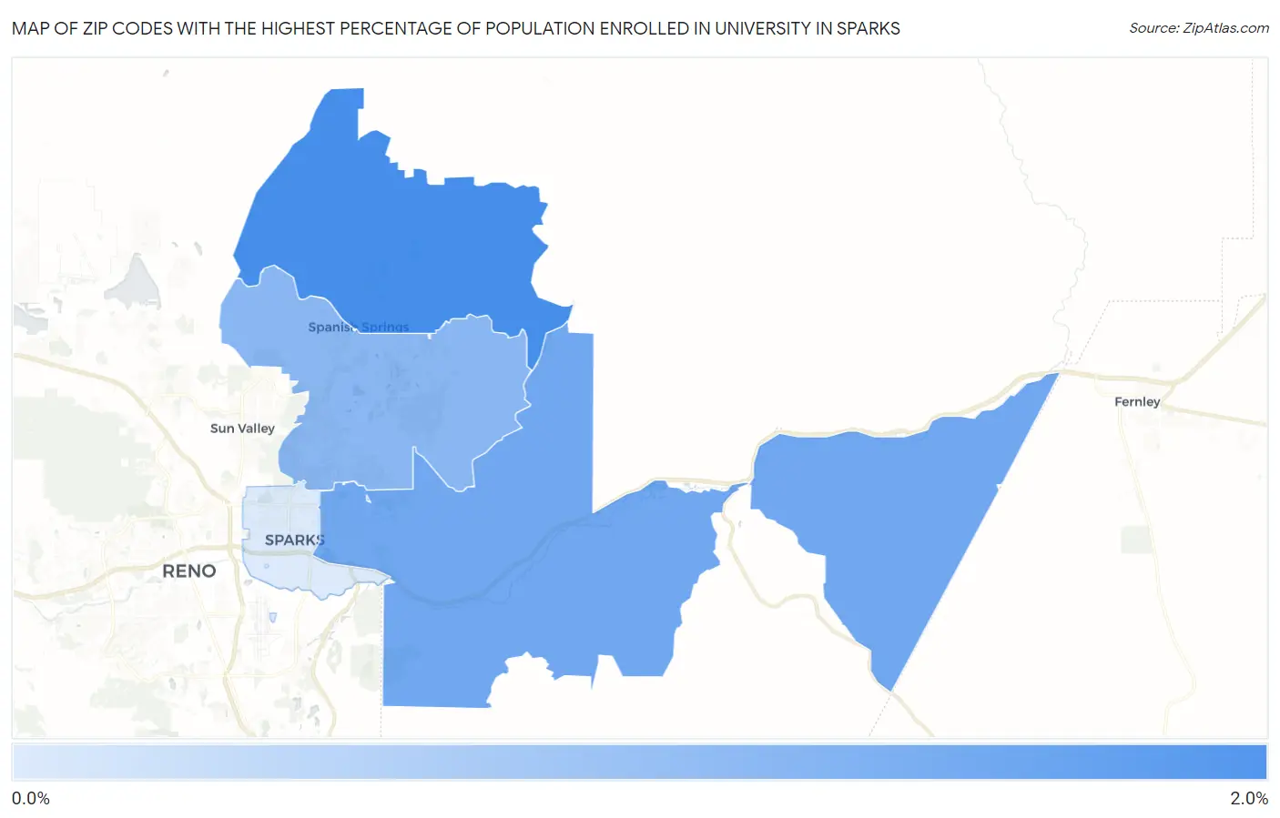 Zip Codes with the Highest Percentage of Population Enrolled in University in Sparks Map