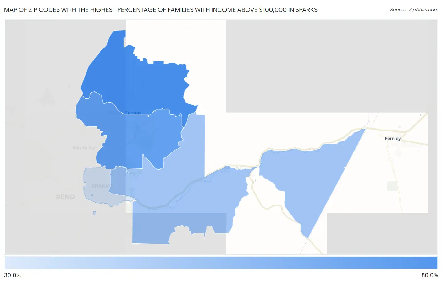 Zip Codes with the Highest Percentage of Families with Income Above $100,000 in Sparks Map