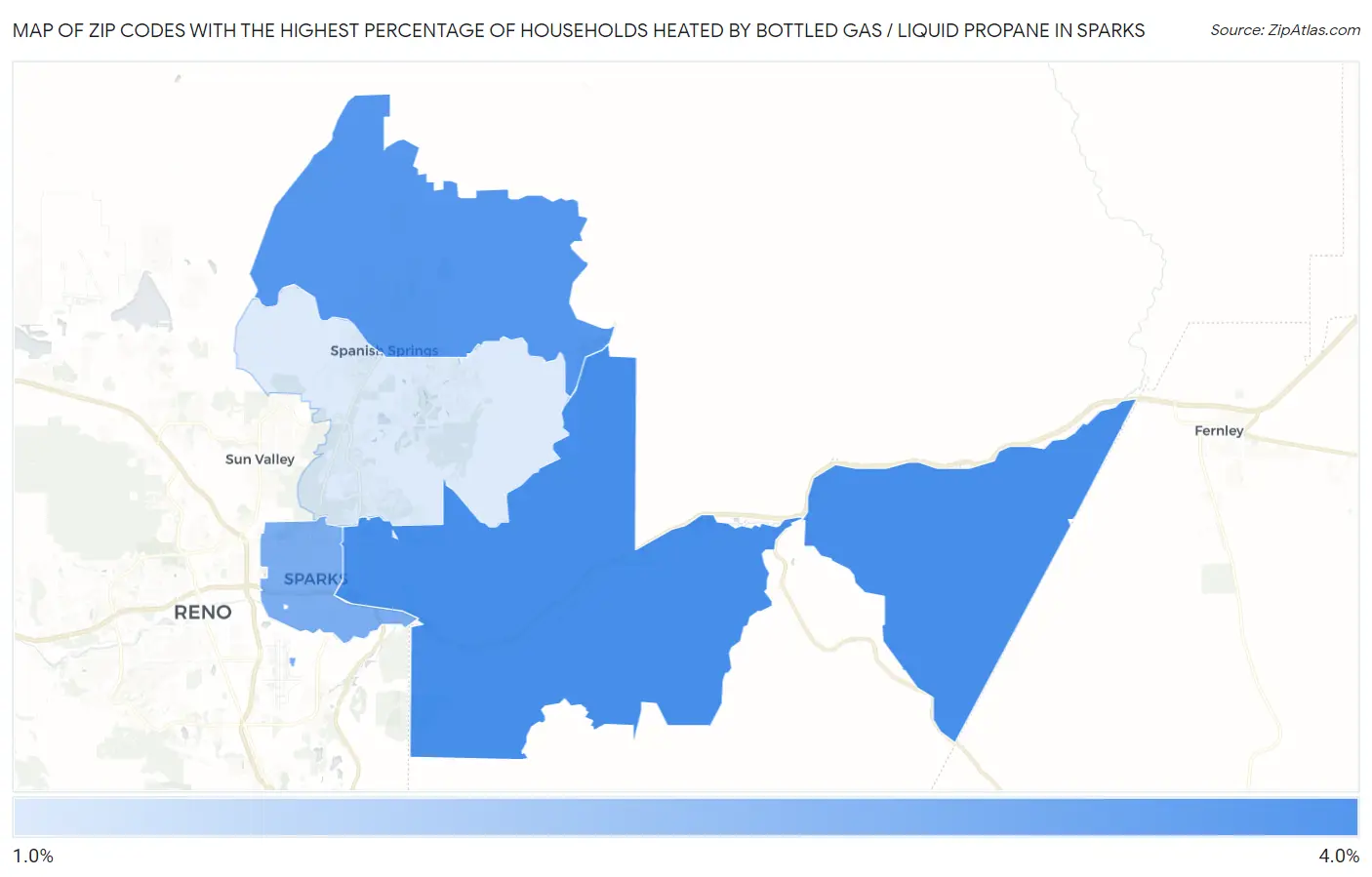 Zip Codes with the Highest Percentage of Households Heated by Bottled Gas / Liquid Propane in Sparks Map