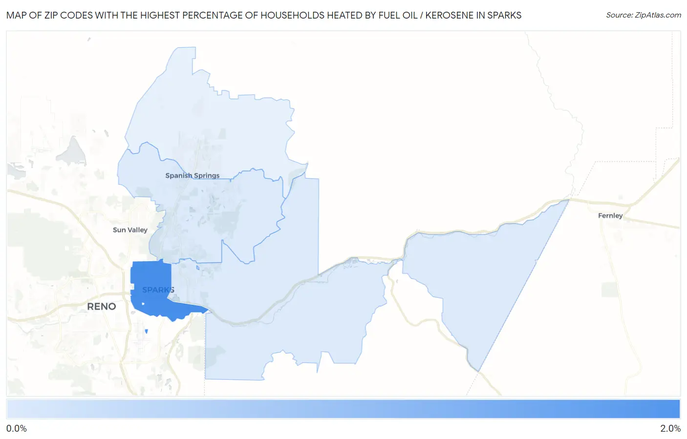Zip Codes with the Highest Percentage of Households Heated by Fuel Oil / Kerosene in Sparks Map
