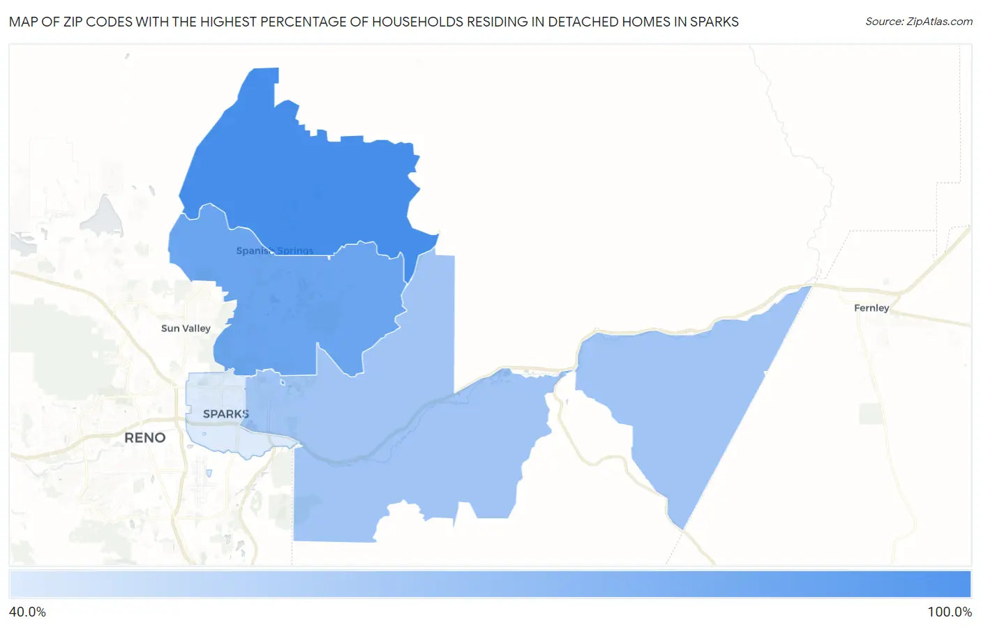 Zip Codes with the Highest Percentage of Households Residing in Detached Homes in Sparks Map