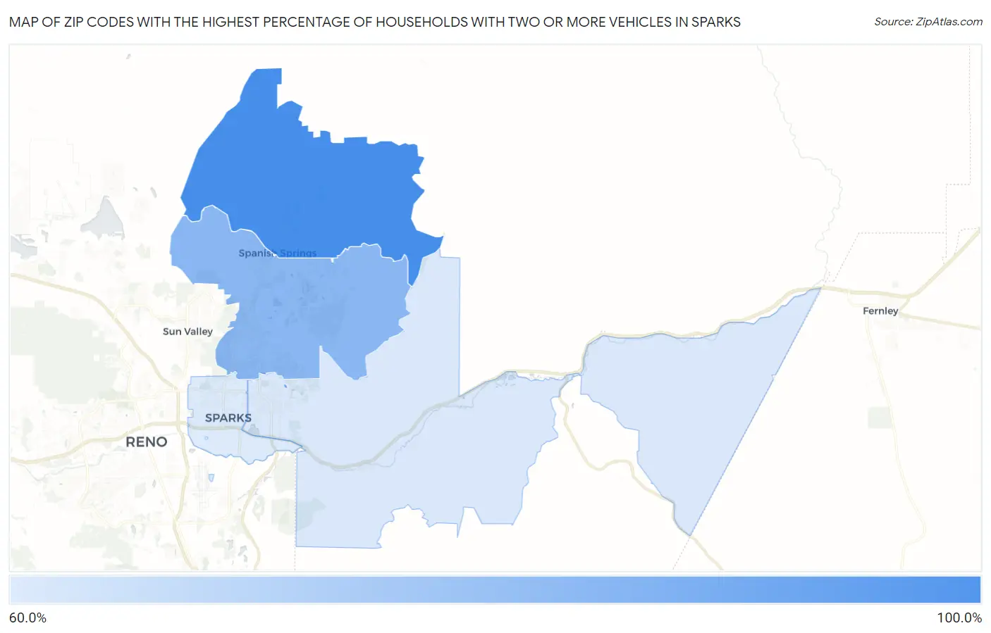 Zip Codes with the Highest Percentage of Households With Two or more Vehicles in Sparks Map