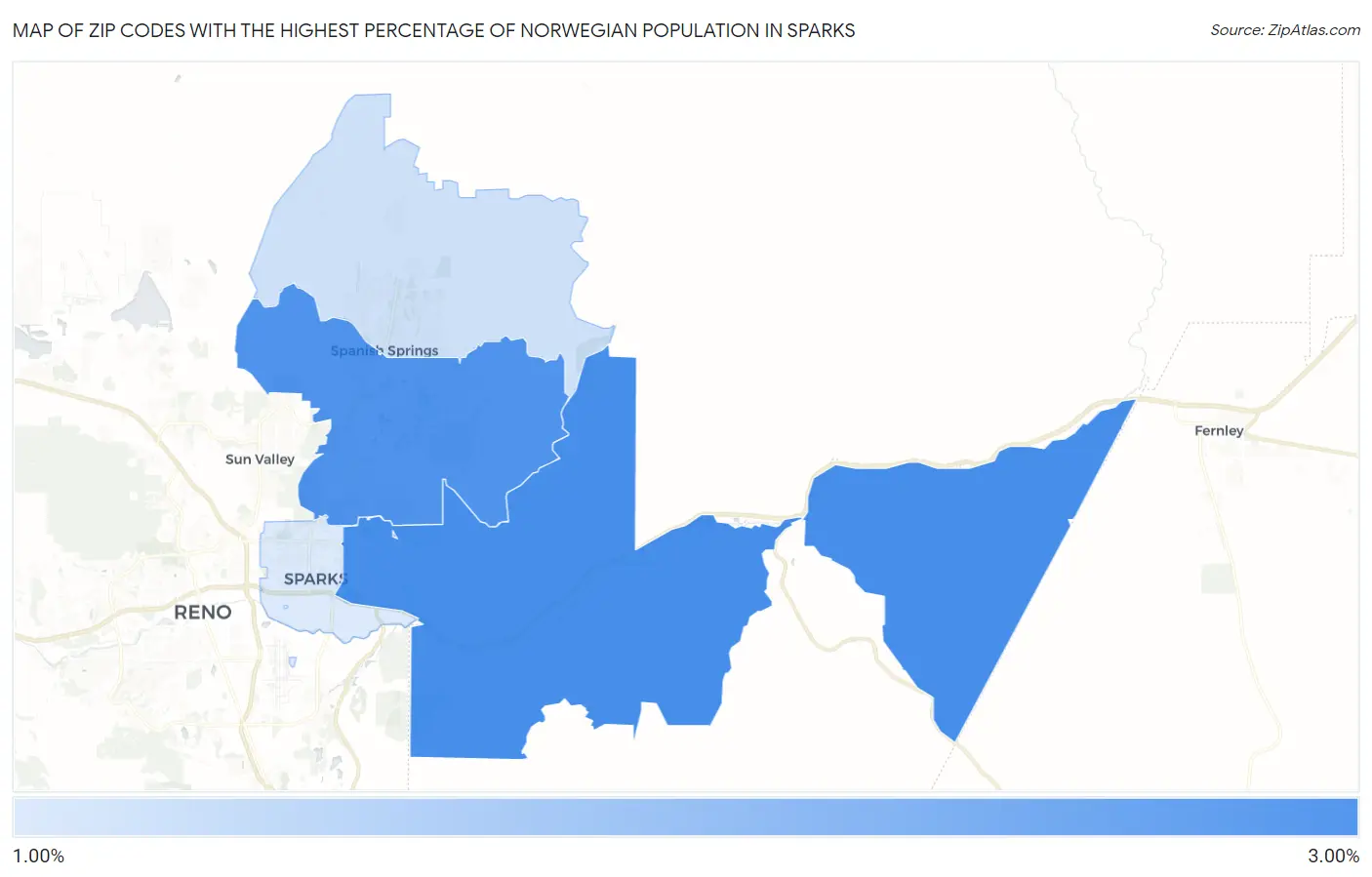 Zip Codes with the Highest Percentage of Norwegian Population in Sparks Map