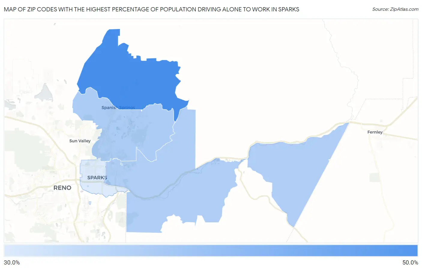 Zip Codes with the Highest Percentage of Population Driving Alone to Work in Sparks Map