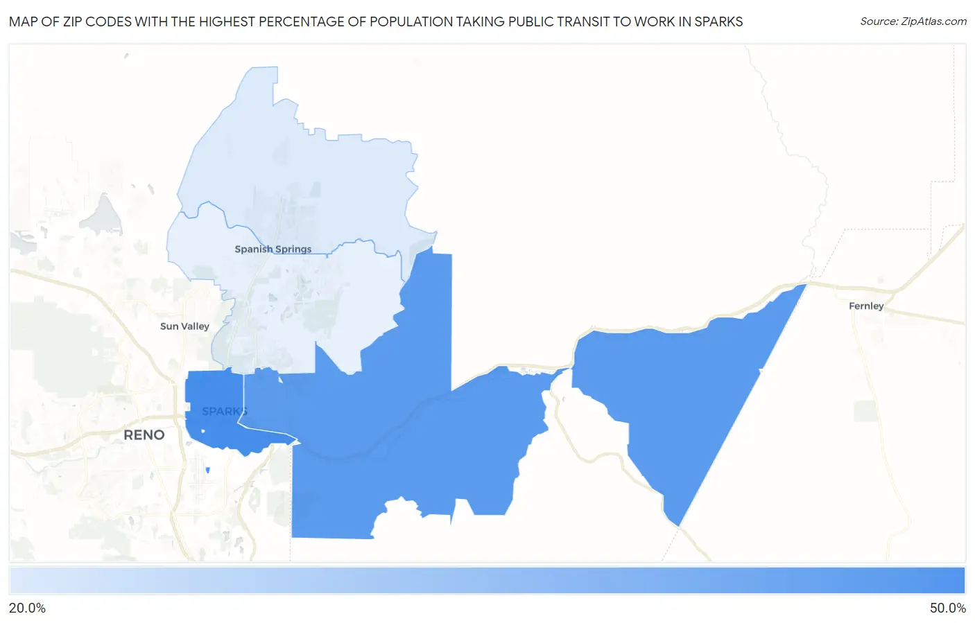 Zip Codes with the Highest Percentage of Population Taking Public Transit to Work in Sparks Map