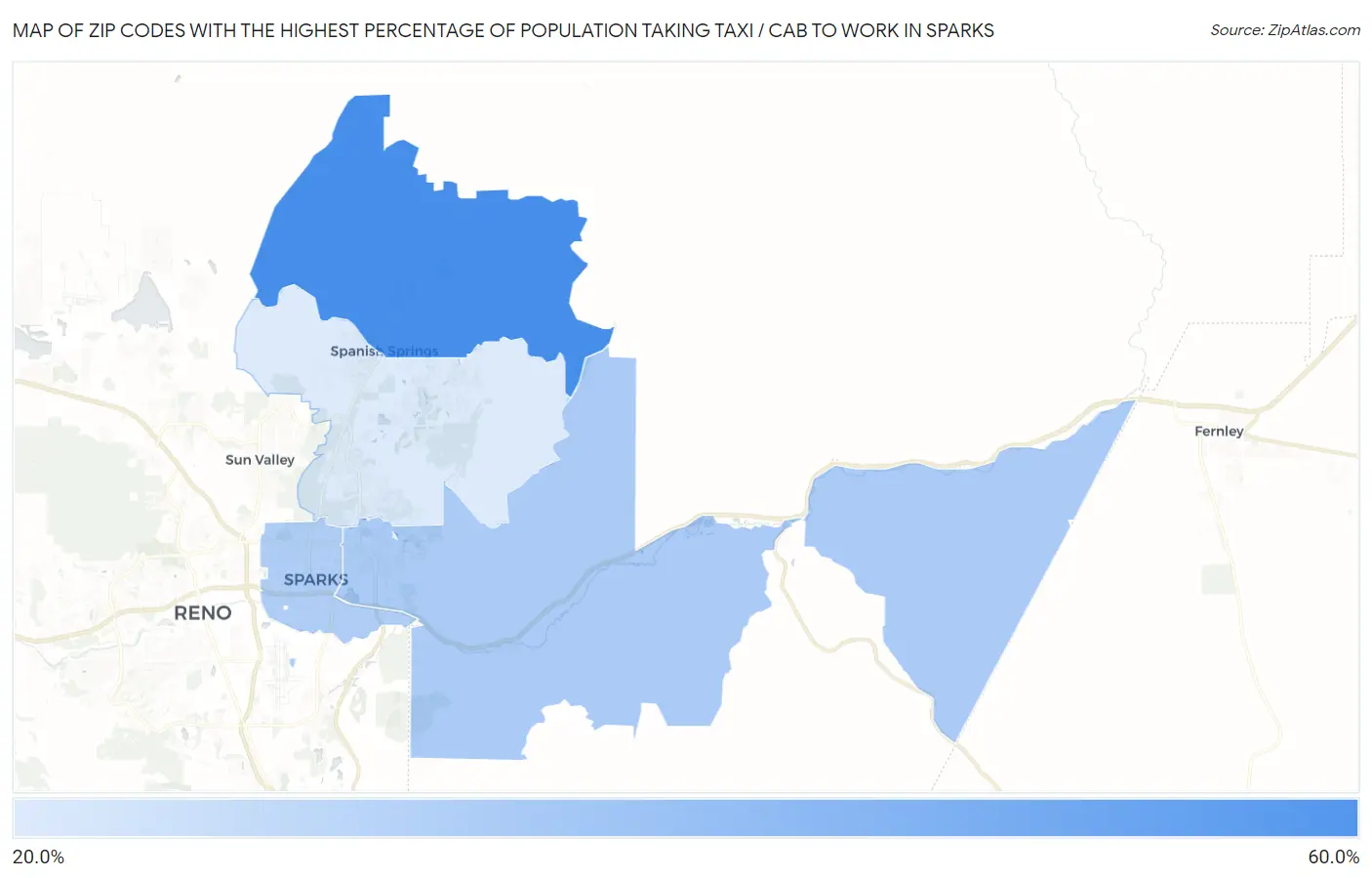 Zip Codes with the Highest Percentage of Population Taking Taxi / Cab to Work in Sparks Map