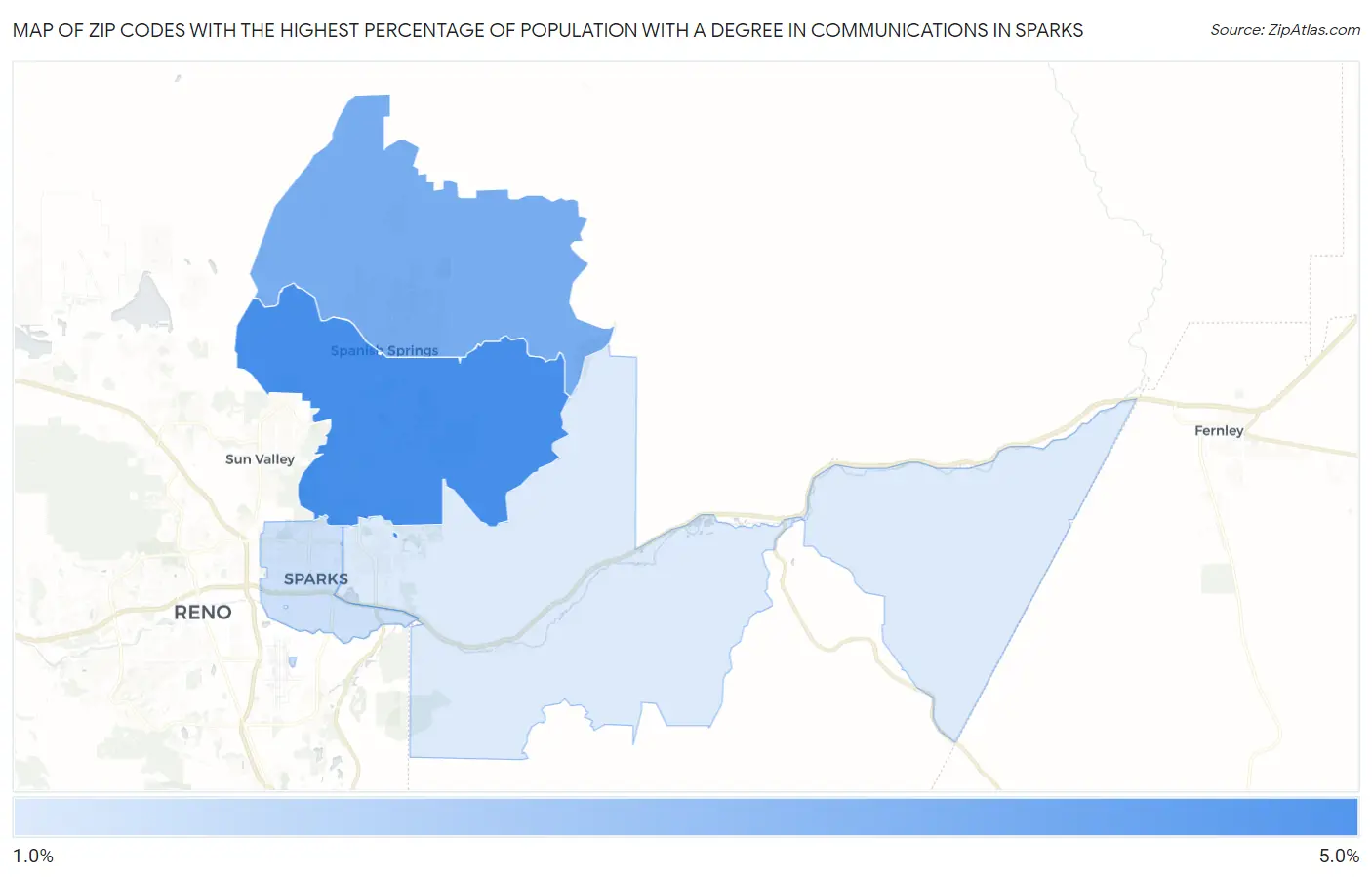 Zip Codes with the Highest Percentage of Population with a Degree in Communications in Sparks Map