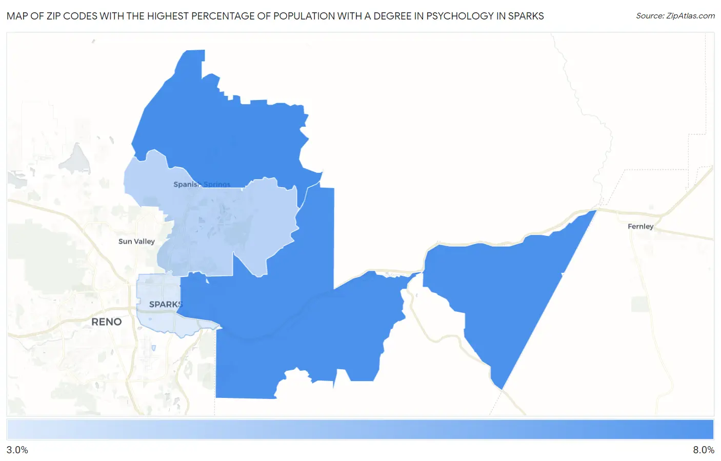 Zip Codes with the Highest Percentage of Population with a Degree in Psychology in Sparks Map