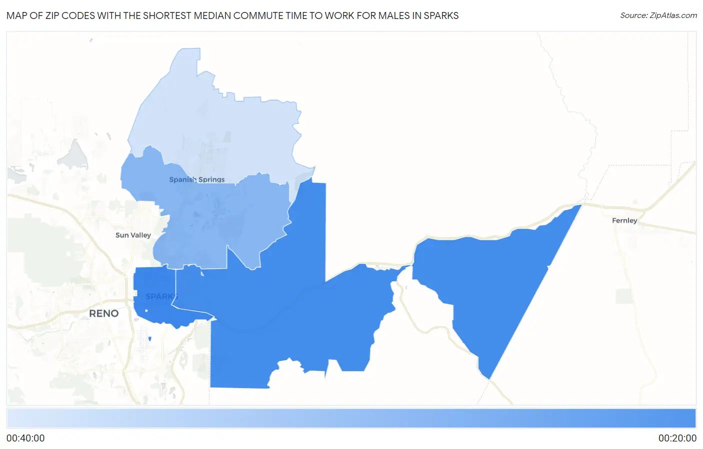 Zip Codes with the Shortest Median Commute Time to Work for Males in Sparks Map