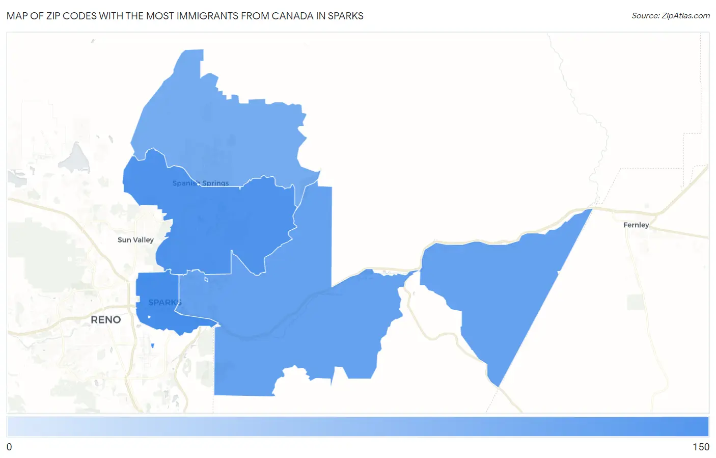Zip Codes with the Most Immigrants from Canada in Sparks Map