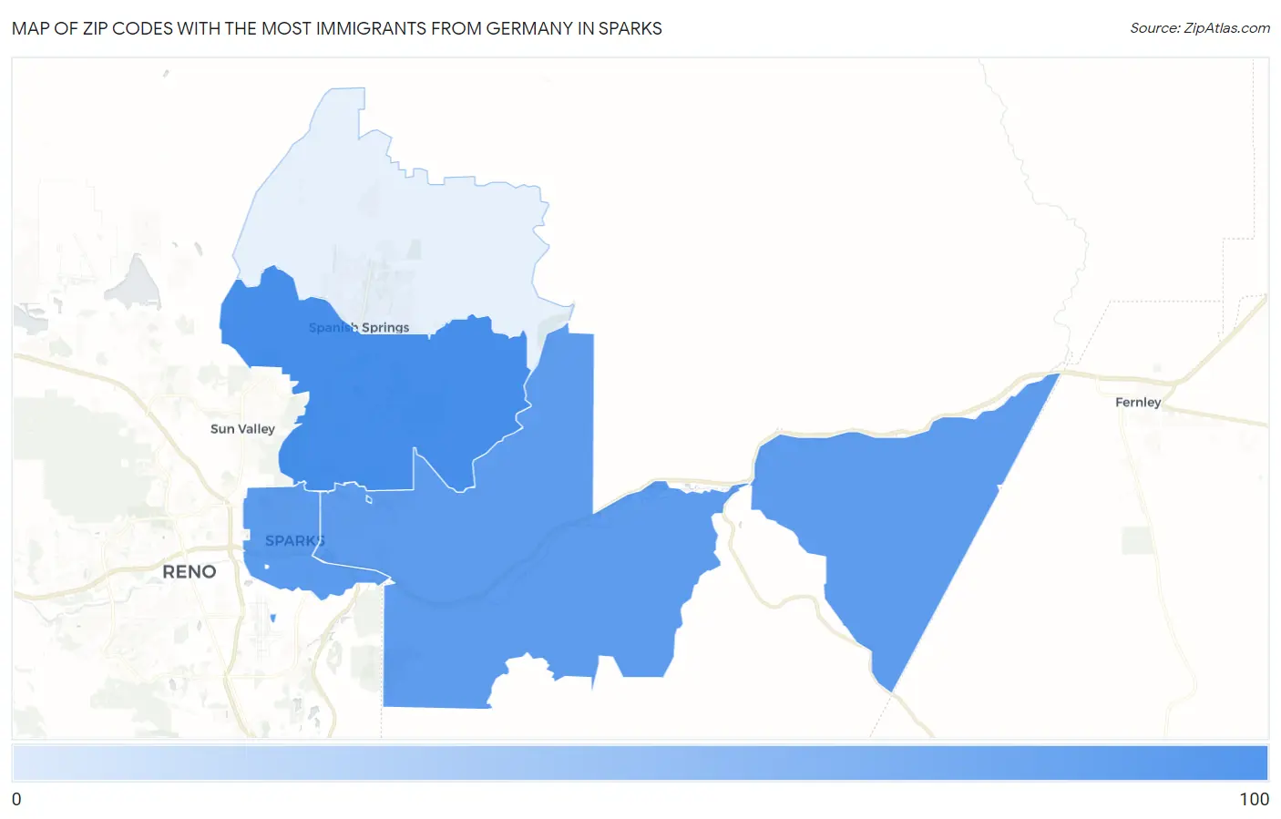 Zip Codes with the Most Immigrants from Germany in Sparks Map