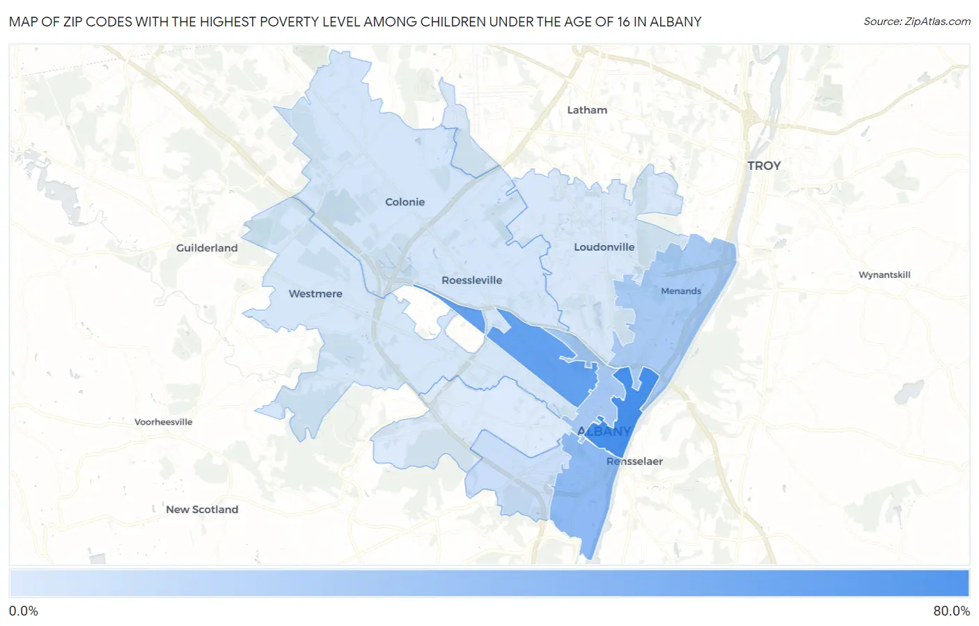 Zip Codes with the Highest Poverty Level Among Children Under the Age of 16 in Albany Map