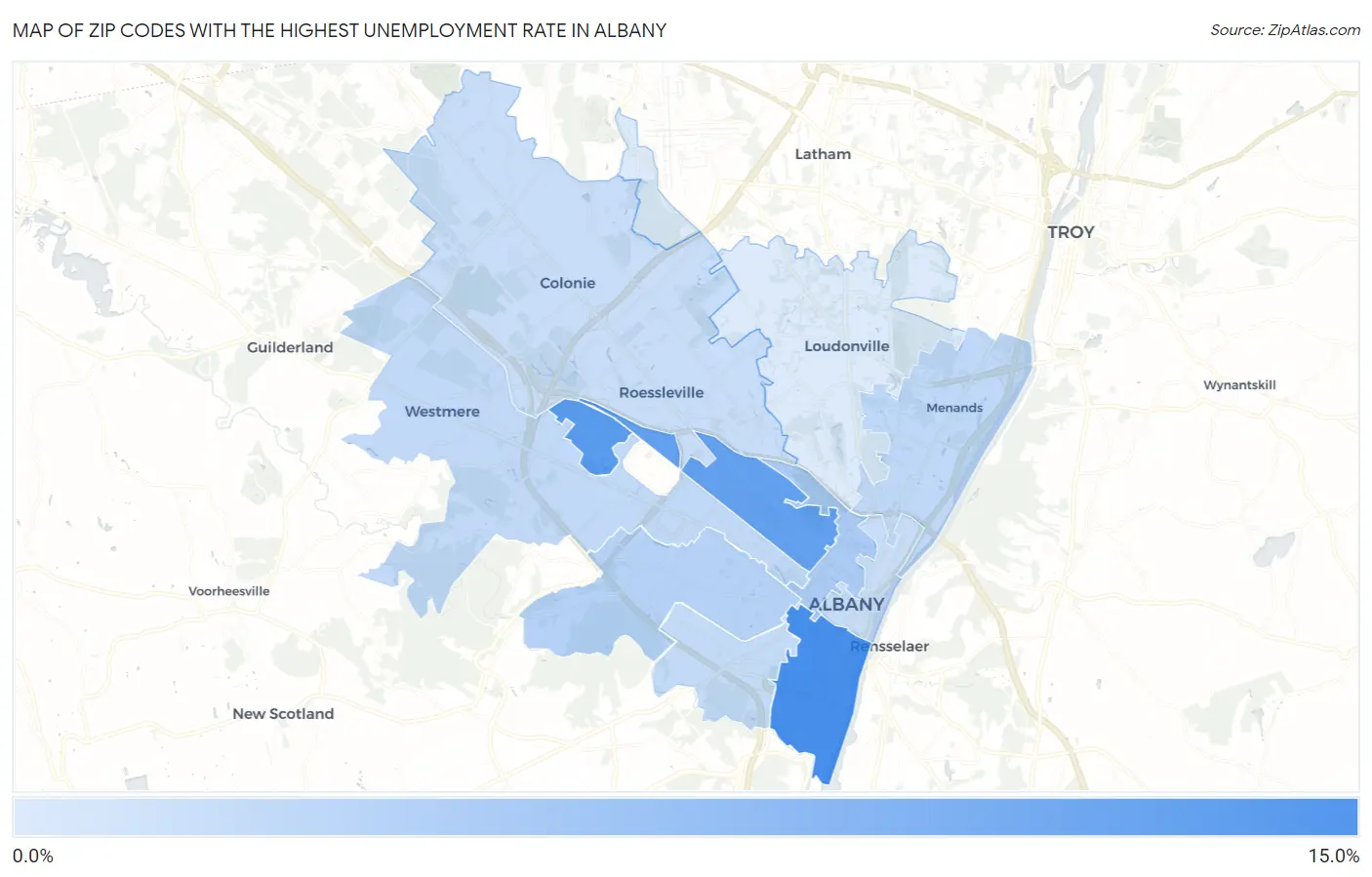 Zip Codes with the Highest Unemployment Rate in Albany Map
