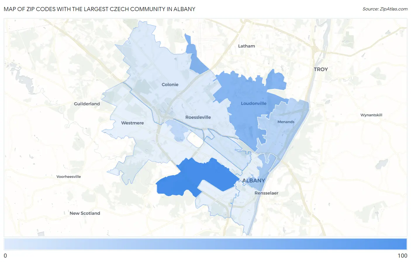 Zip Codes with the Largest Czech Community in Albany Map