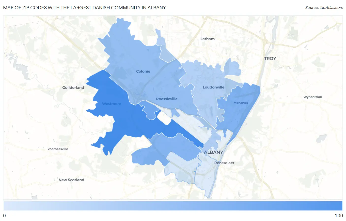 Zip Codes with the Largest Danish Community in Albany Map