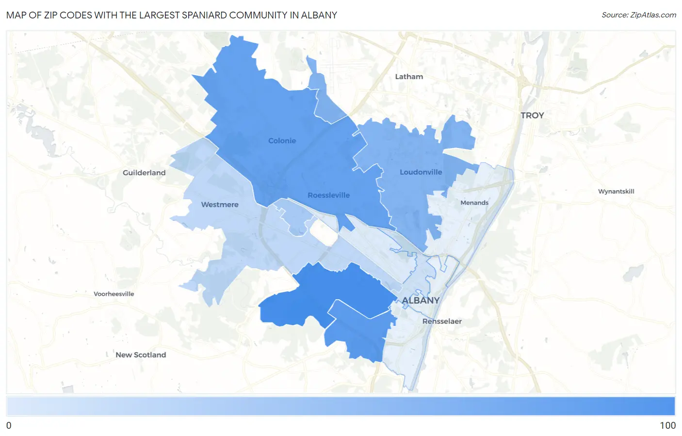 Zip Codes with the Largest Spaniard Community in Albany Map