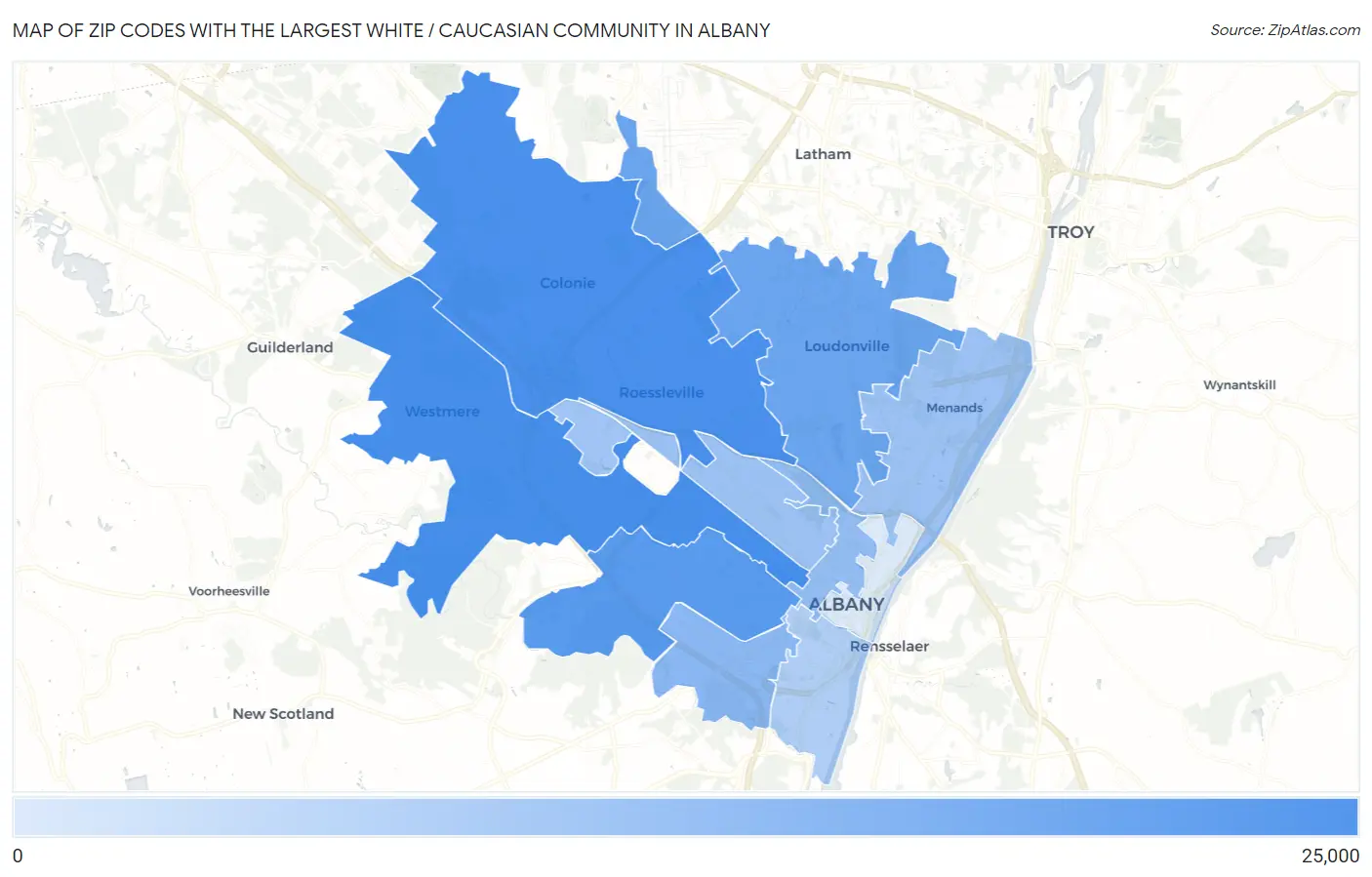 Zip Codes with the Largest White / Caucasian Community in Albany Map