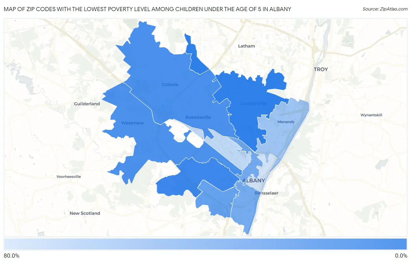 Zip Codes with the Lowest Poverty Level Among Children Under the Age of 5 in Albany Map