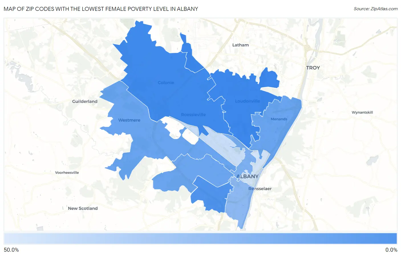 Zip Codes with the Lowest Female Poverty Level in Albany Map