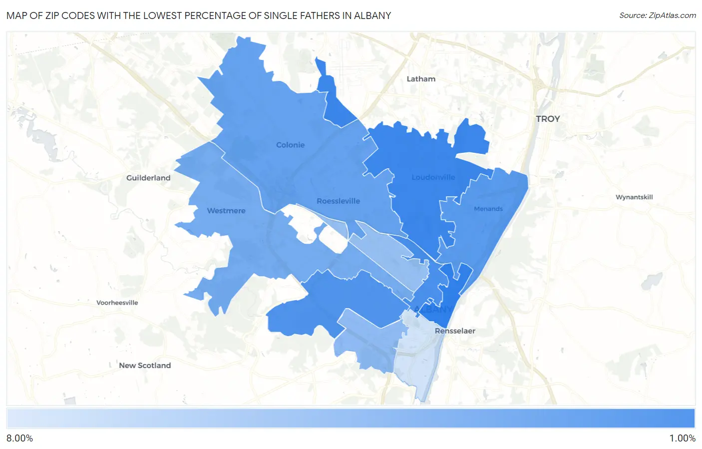 Zip Codes with the Lowest Percentage of Single Fathers in Albany Map
