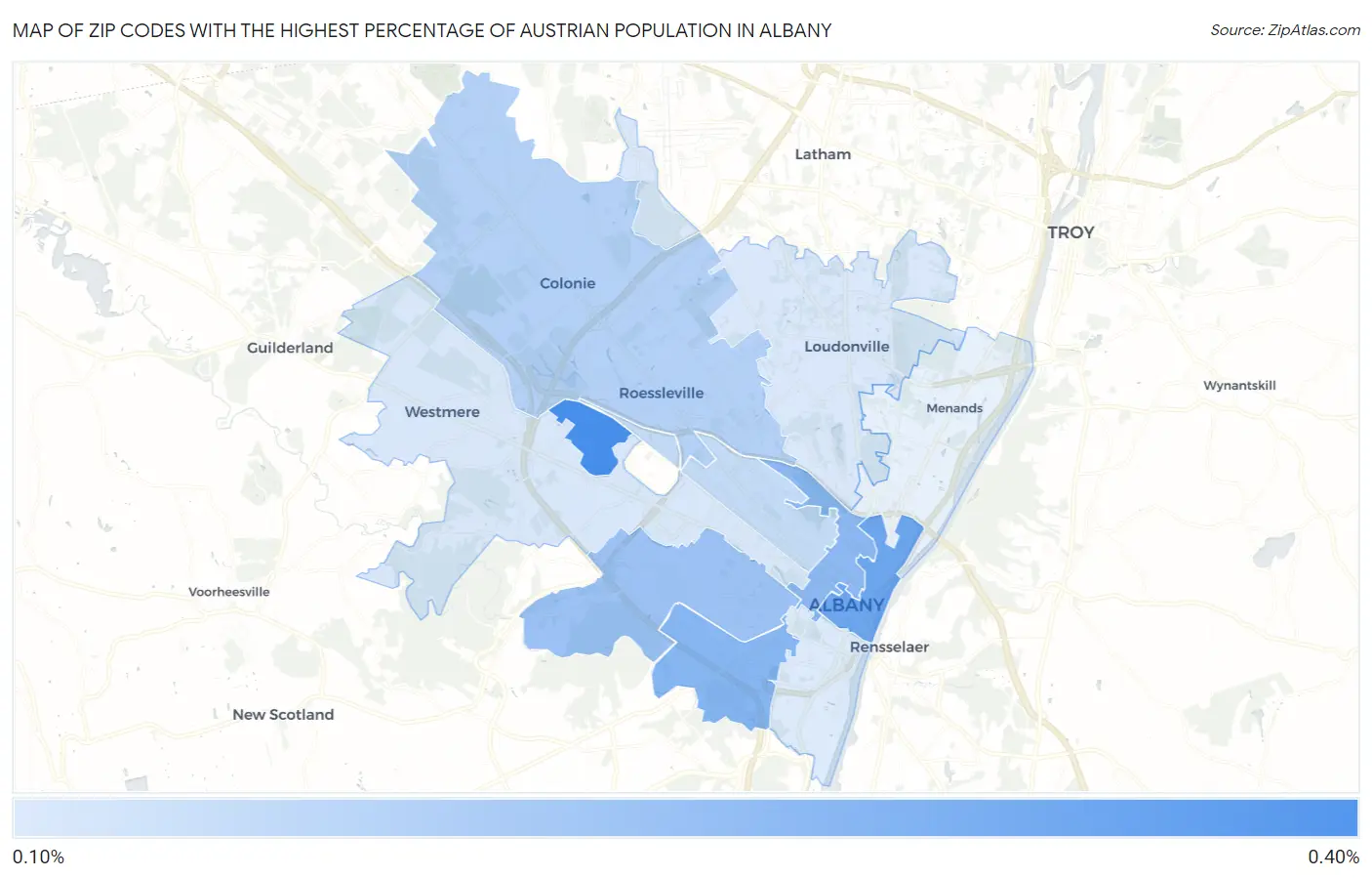 Zip Codes with the Highest Percentage of Austrian Population in Albany Map