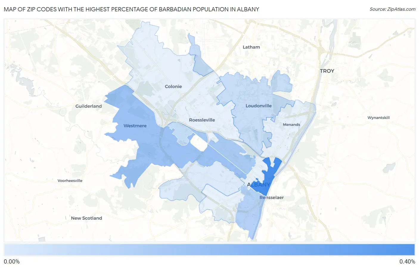 Zip Codes with the Highest Percentage of Barbadian Population in Albany Map