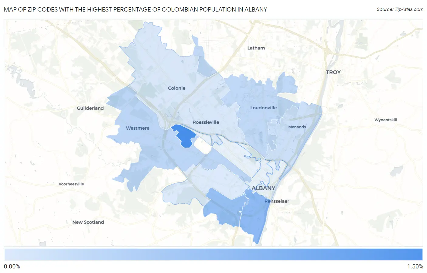 Zip Codes with the Highest Percentage of Colombian Population in Albany Map