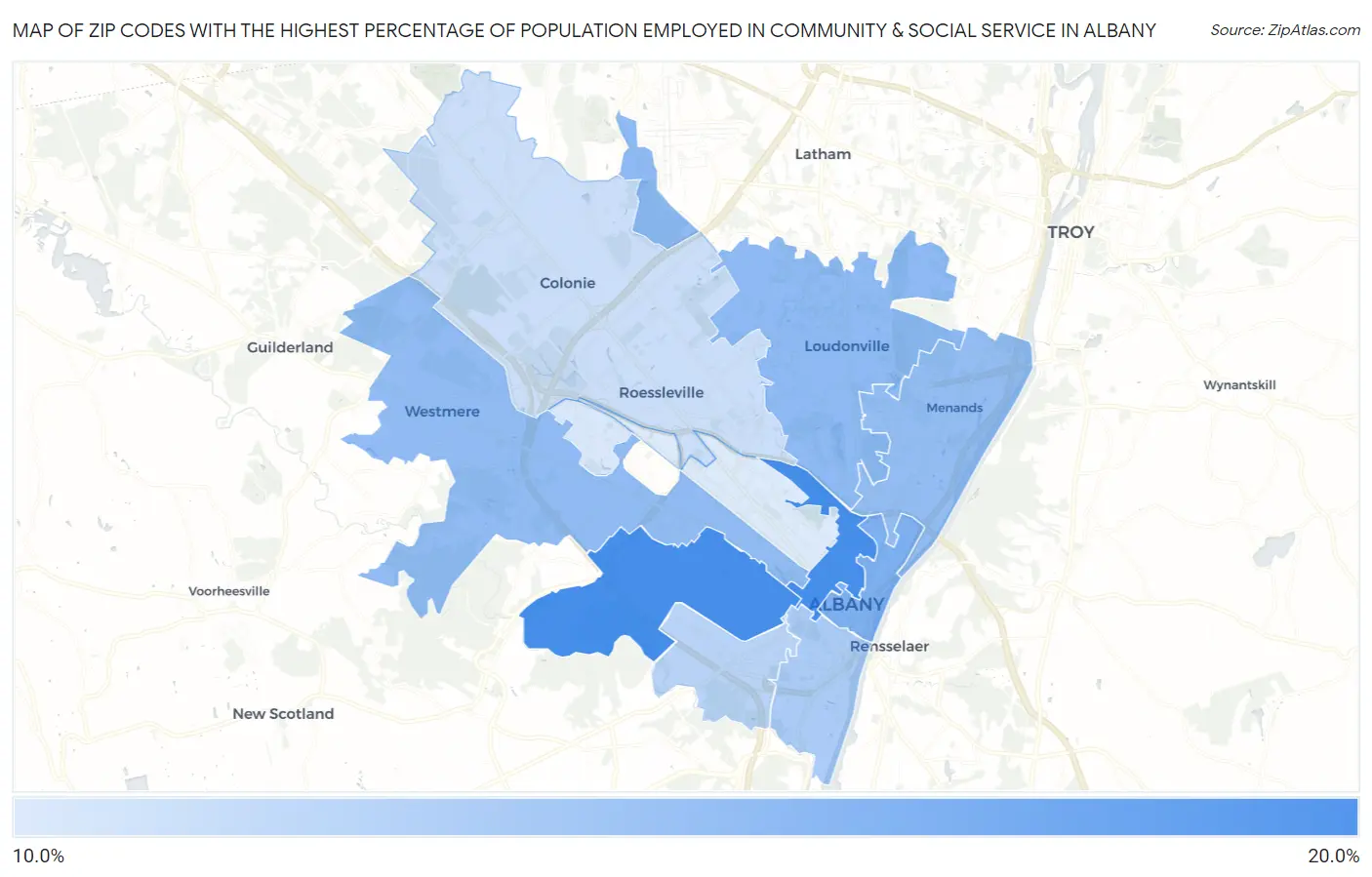 Zip Codes with the Highest Percentage of Population Employed in Community & Social Service  in Albany Map