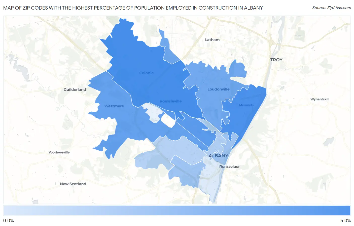 Zip Codes with the Highest Percentage of Population Employed in Construction in Albany Map