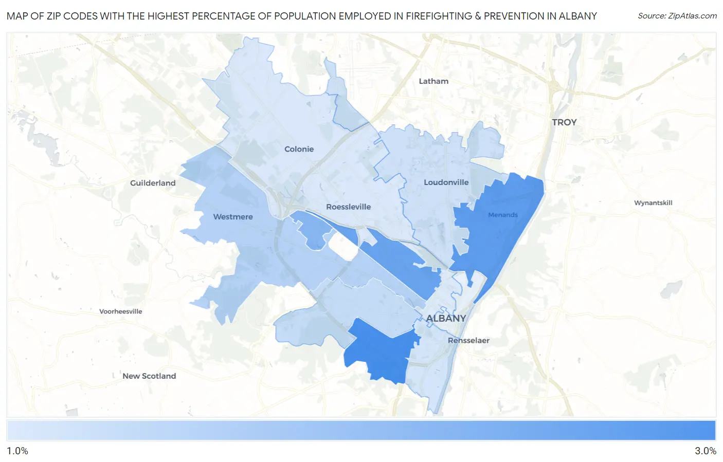 Zip Codes with the Highest Percentage of Population Employed in Firefighting & Prevention in Albany Map