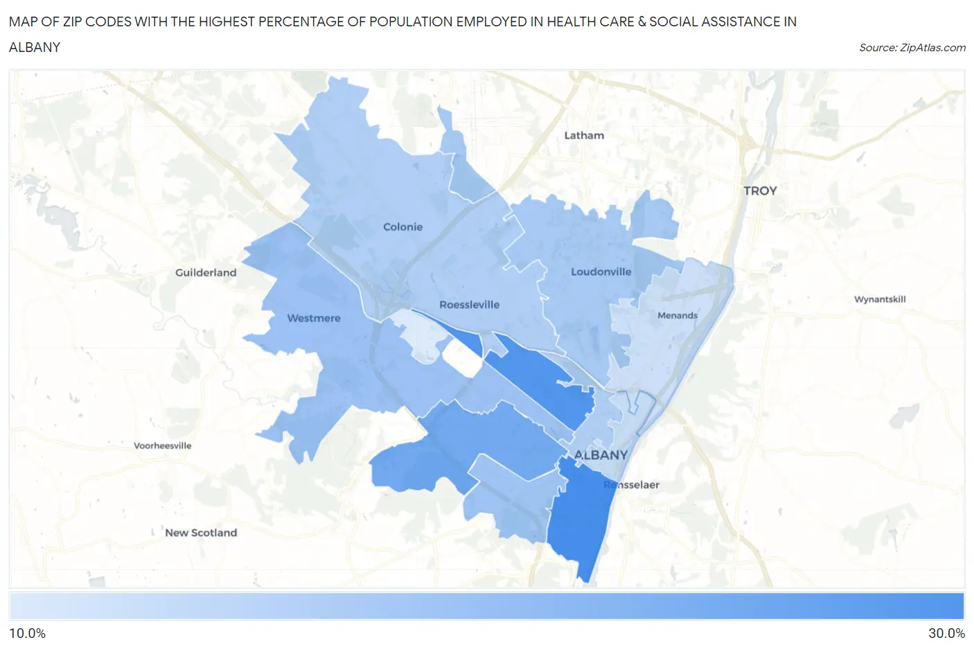 Zip Codes with the Highest Percentage of Population Employed in Health Care & Social Assistance in Albany Map