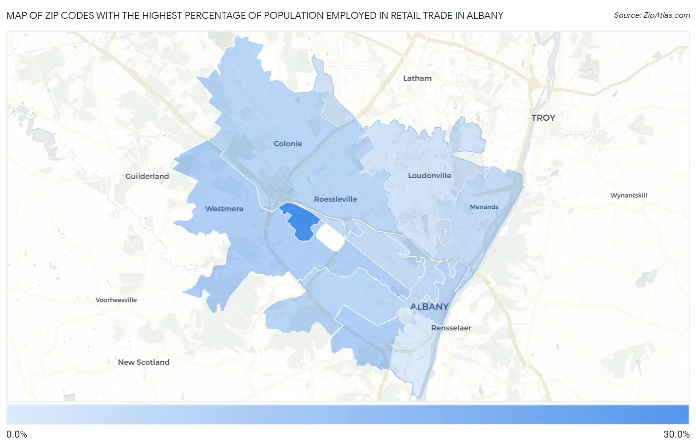 Zip Codes with the Highest Percentage of Population Employed in Retail Trade in Albany Map