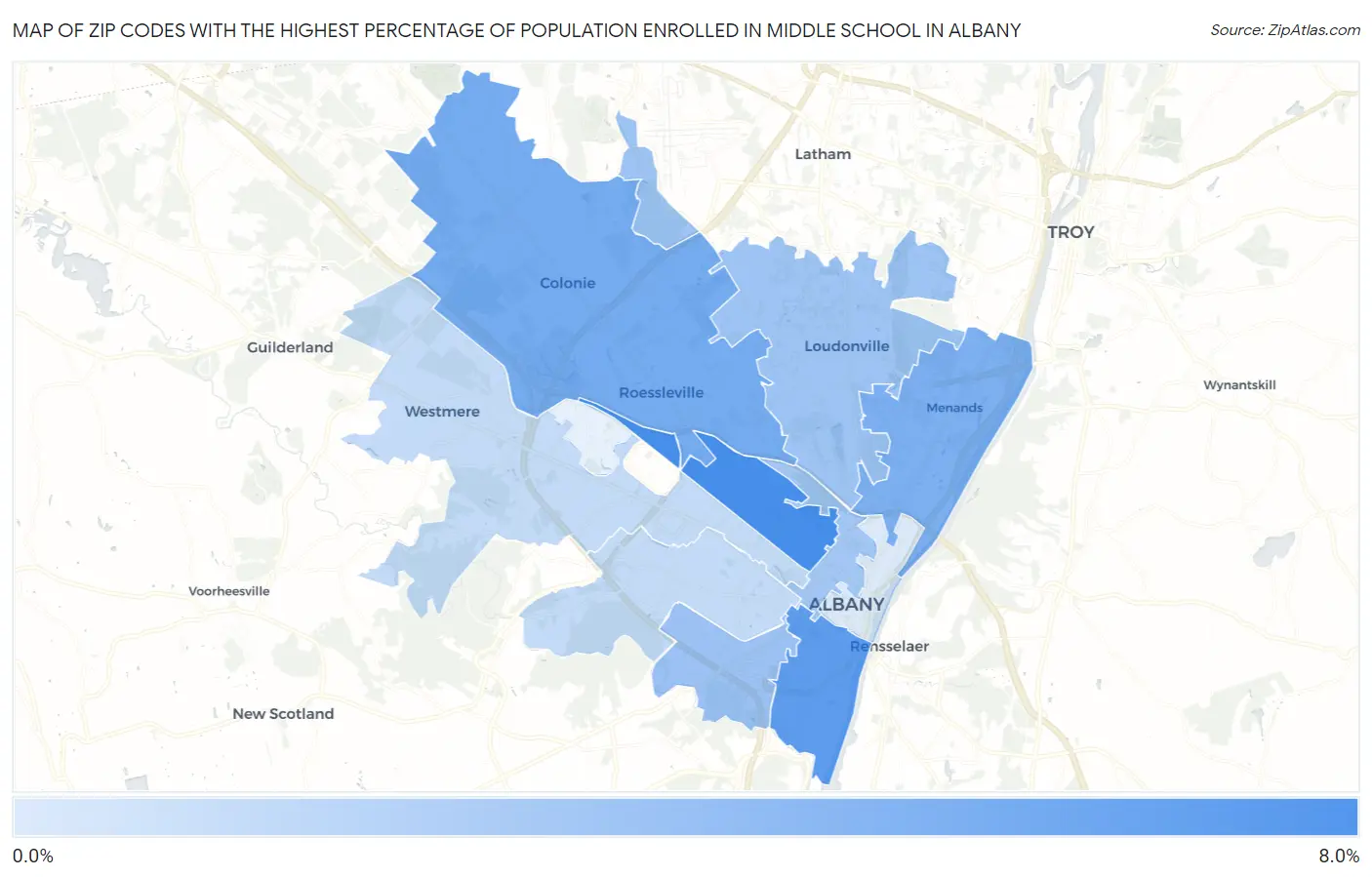 Zip Codes with the Highest Percentage of Population Enrolled in Middle School in Albany Map