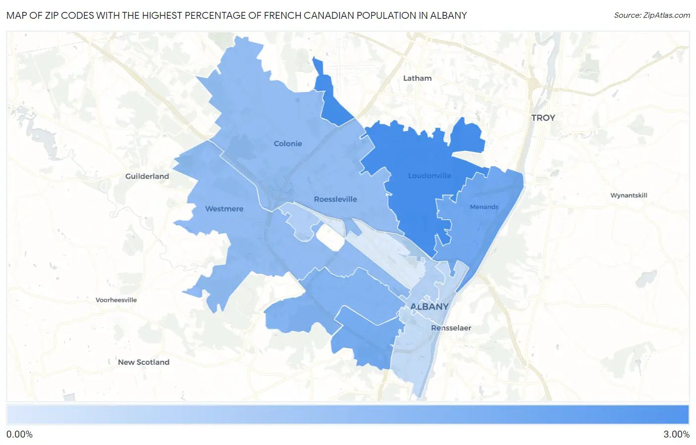 Zip Codes with the Highest Percentage of French Canadian Population in Albany Map