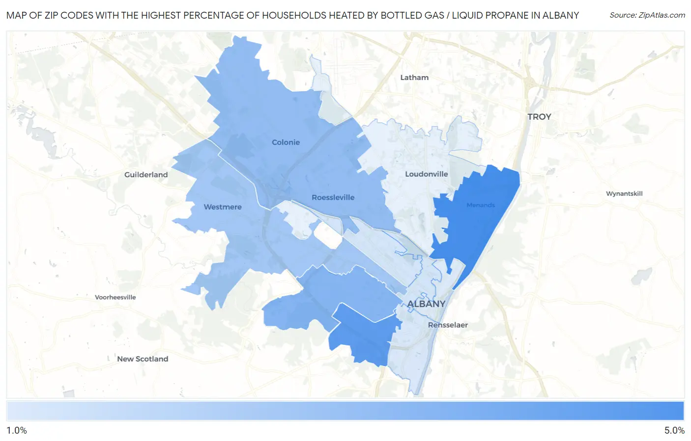 Zip Codes with the Highest Percentage of Households Heated by Bottled Gas / Liquid Propane in Albany Map