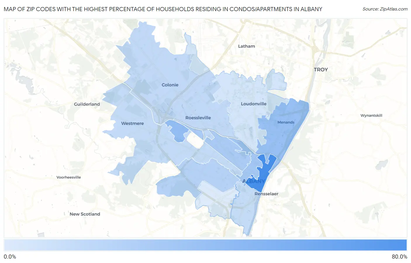Zip Codes with the Highest Percentage of Households Residing in Condos/Apartments in Albany Map