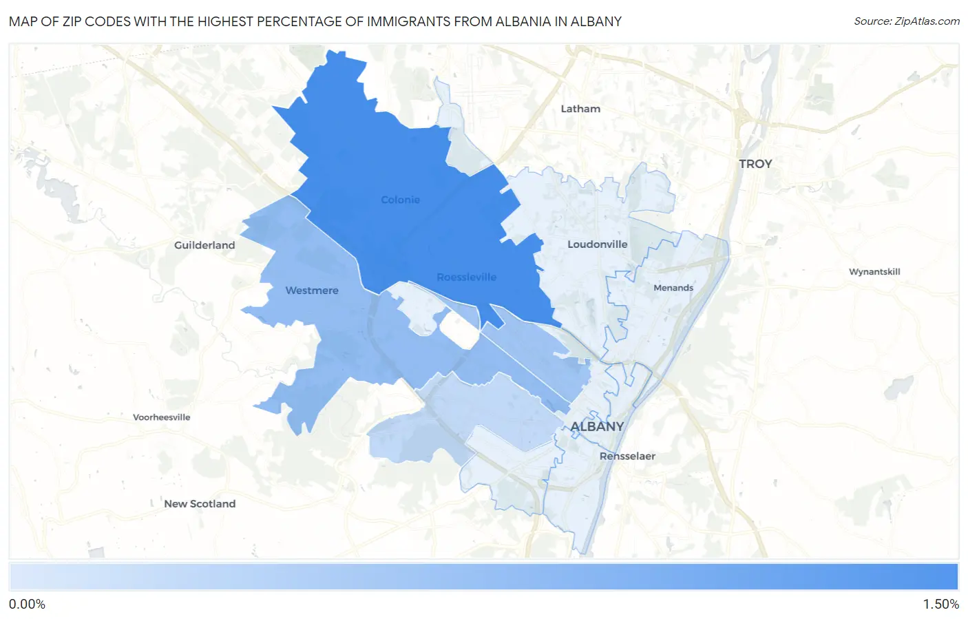 Zip Codes with the Highest Percentage of Immigrants from Albania in Albany Map