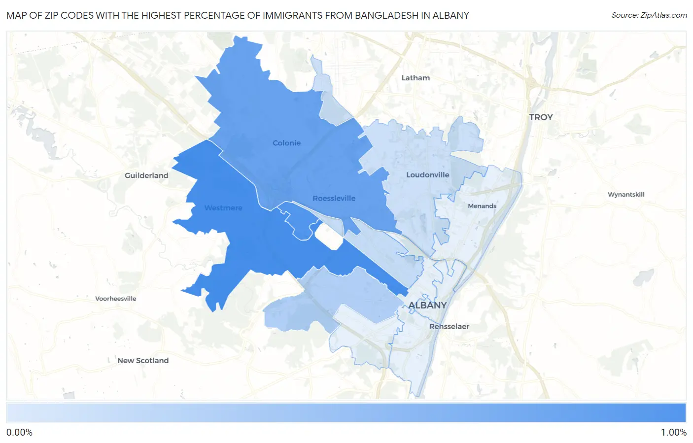 Zip Codes with the Highest Percentage of Immigrants from Bangladesh in Albany Map