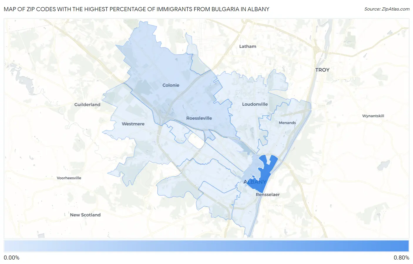 Zip Codes with the Highest Percentage of Immigrants from Bulgaria in Albany Map