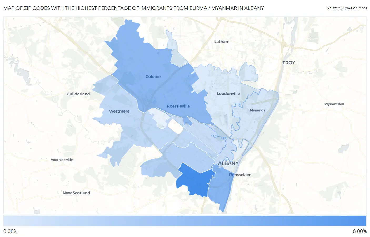 Zip Codes with the Highest Percentage of Immigrants from Burma / Myanmar in Albany Map