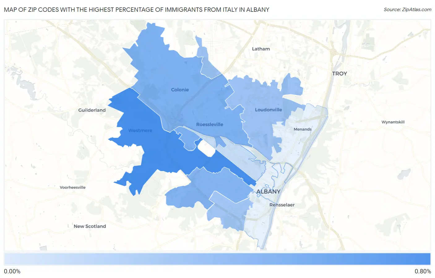 Zip Codes with the Highest Percentage of Immigrants from Italy in Albany Map