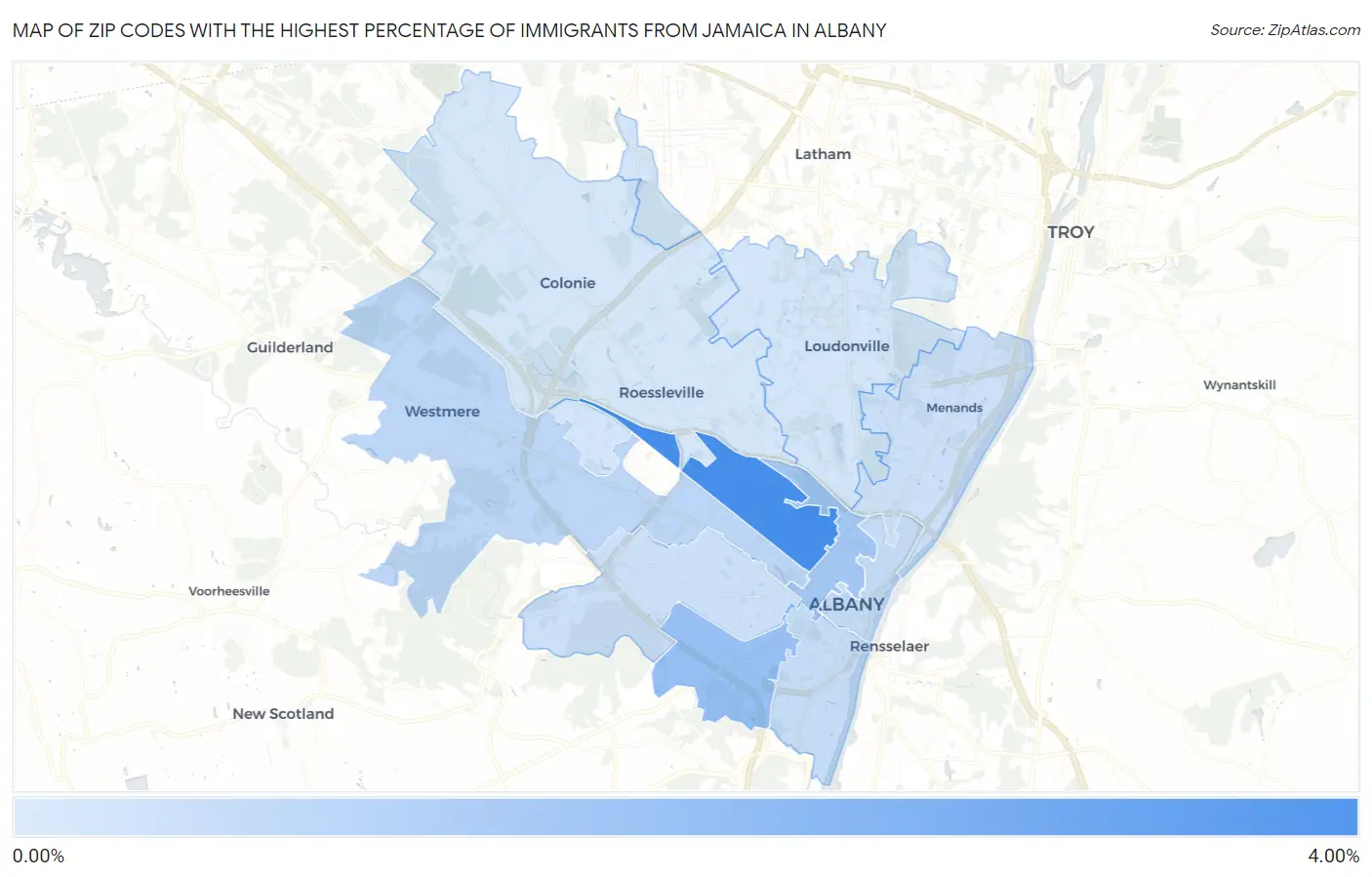 Zip Codes with the Highest Percentage of Immigrants from Jamaica in Albany Map