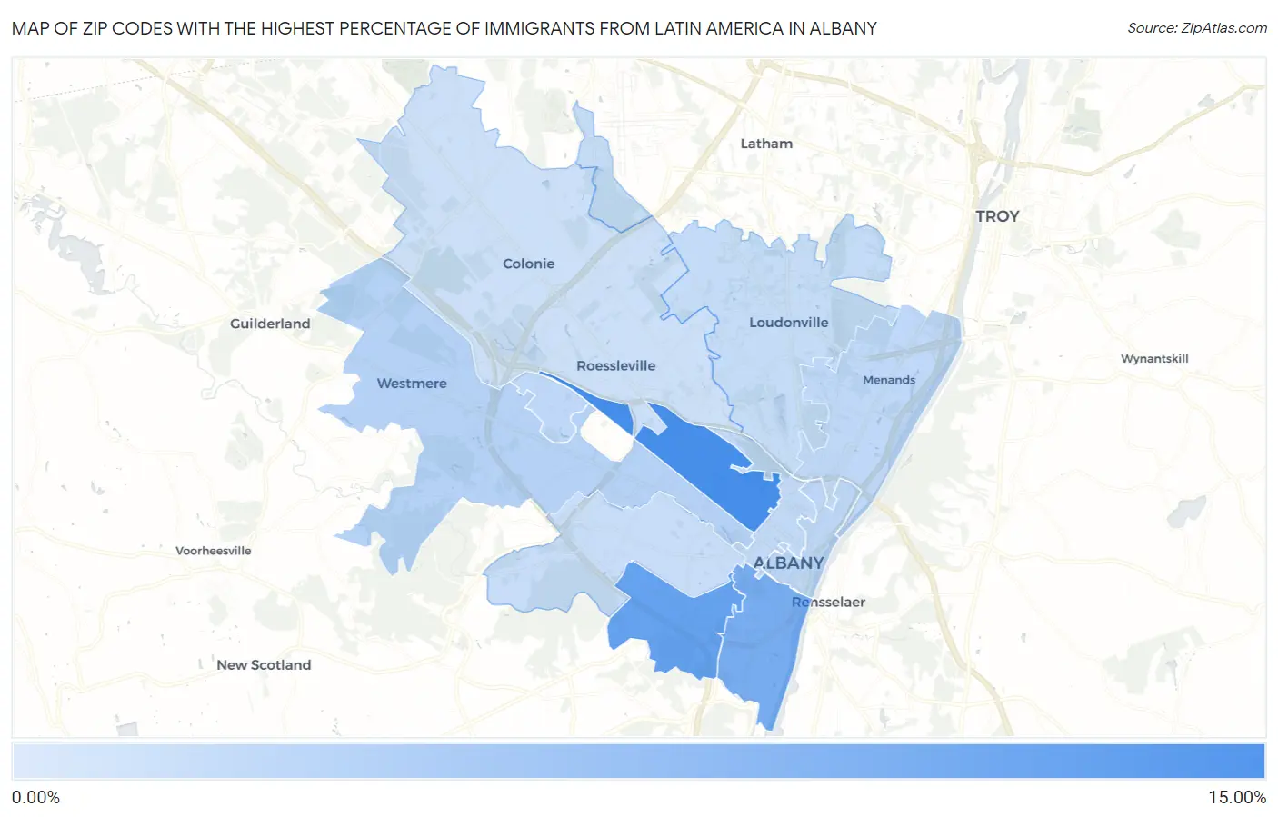 Zip Codes with the Highest Percentage of Immigrants from Latin America in Albany Map