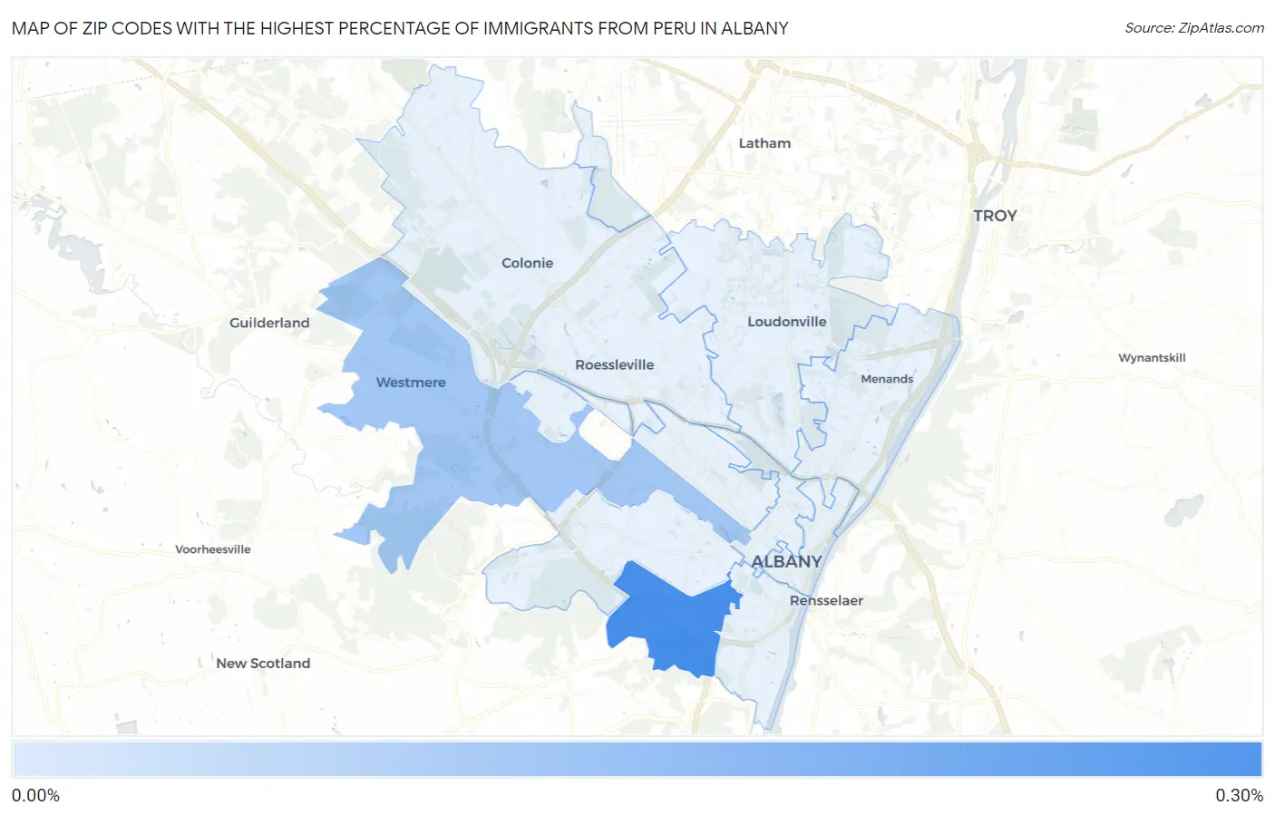 Zip Codes with the Highest Percentage of Immigrants from Peru in Albany Map