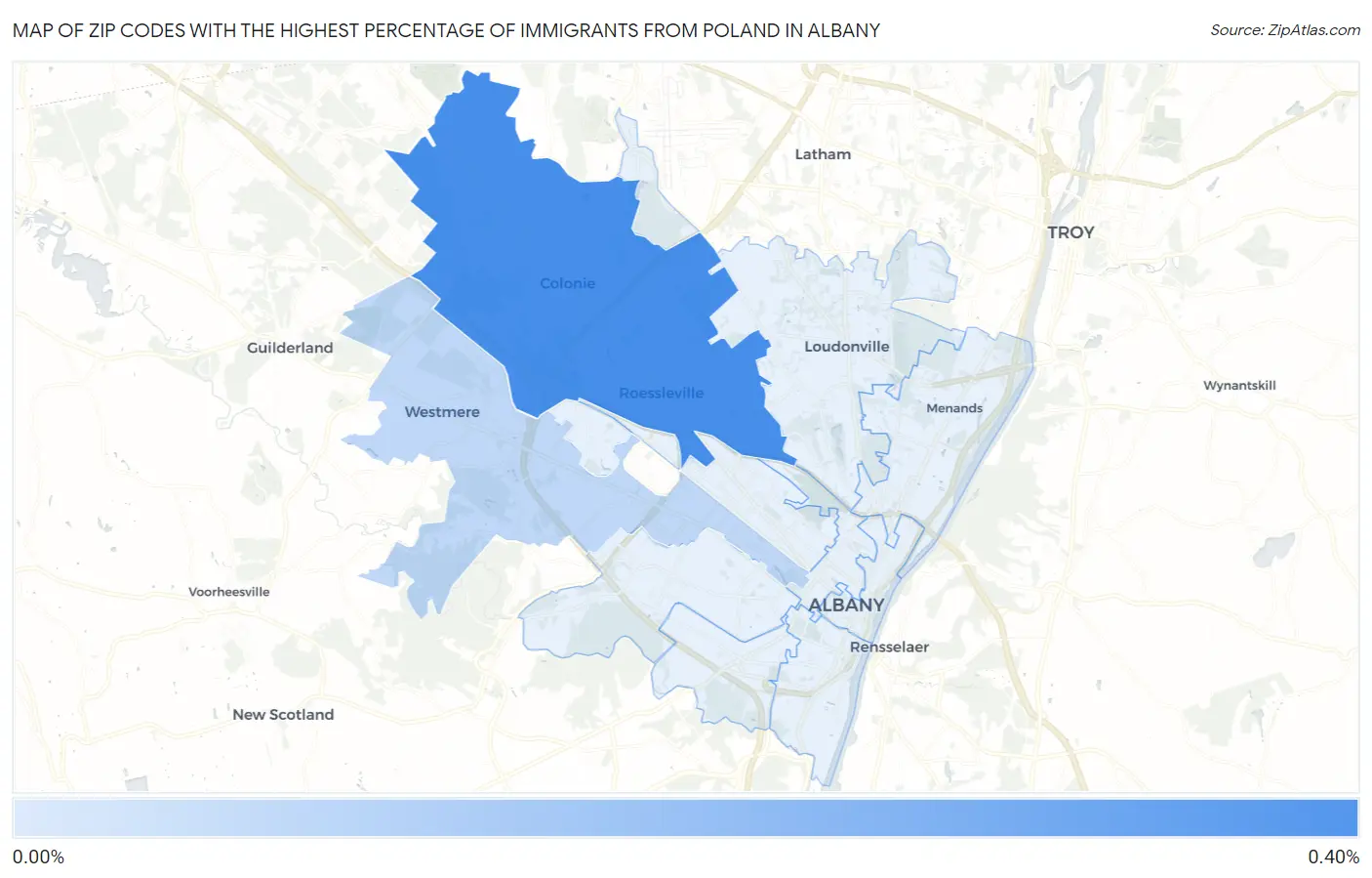 Zip Codes with the Highest Percentage of Immigrants from Poland in Albany Map