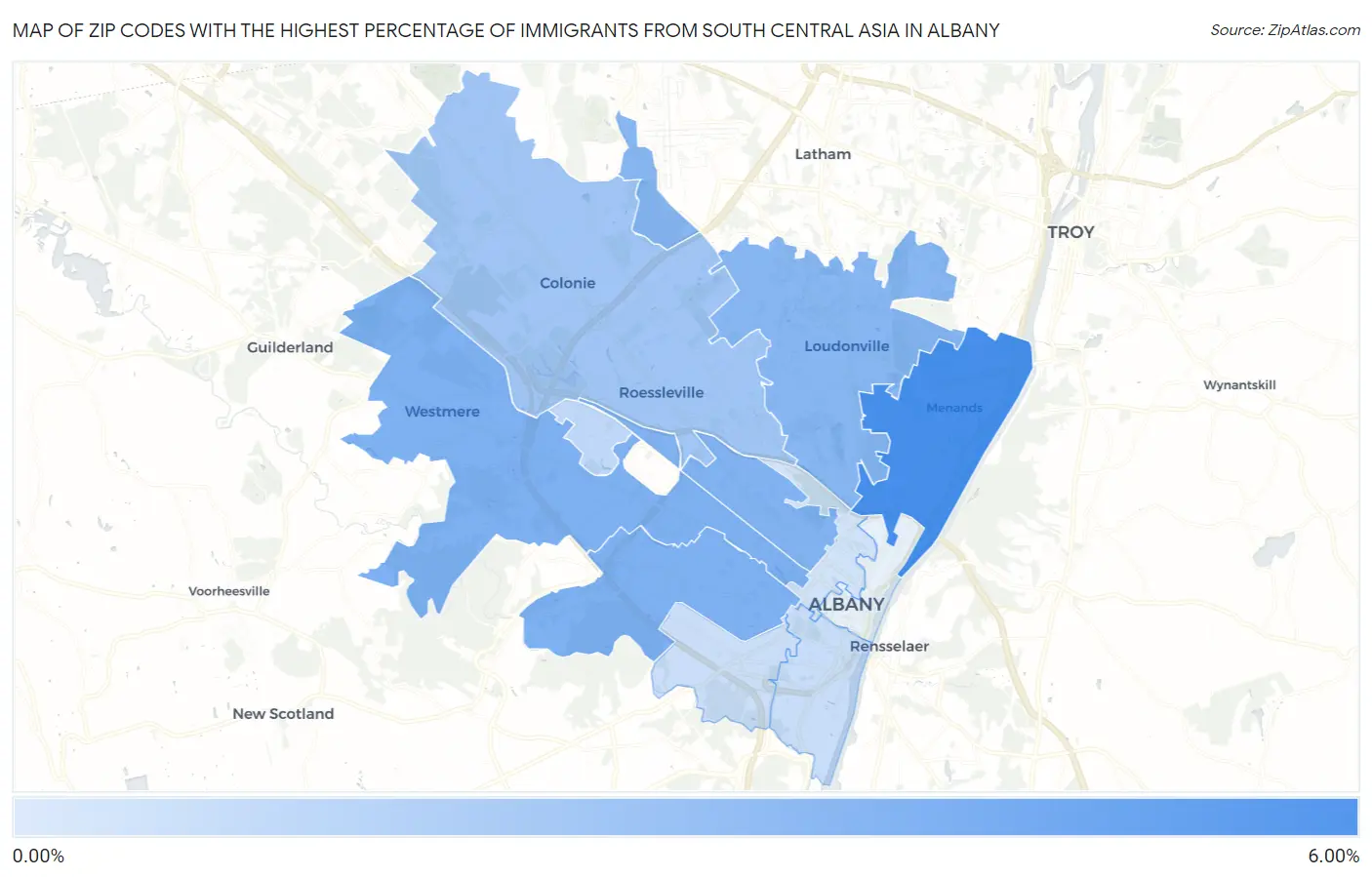 Zip Codes with the Highest Percentage of Immigrants from South Central Asia in Albany Map
