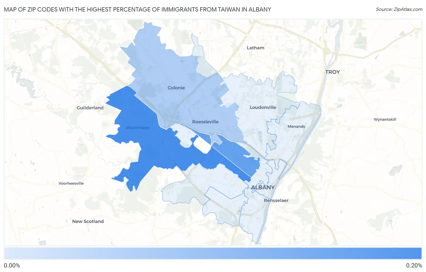 Zip Codes with the Highest Percentage of Immigrants from Taiwan in Albany Map