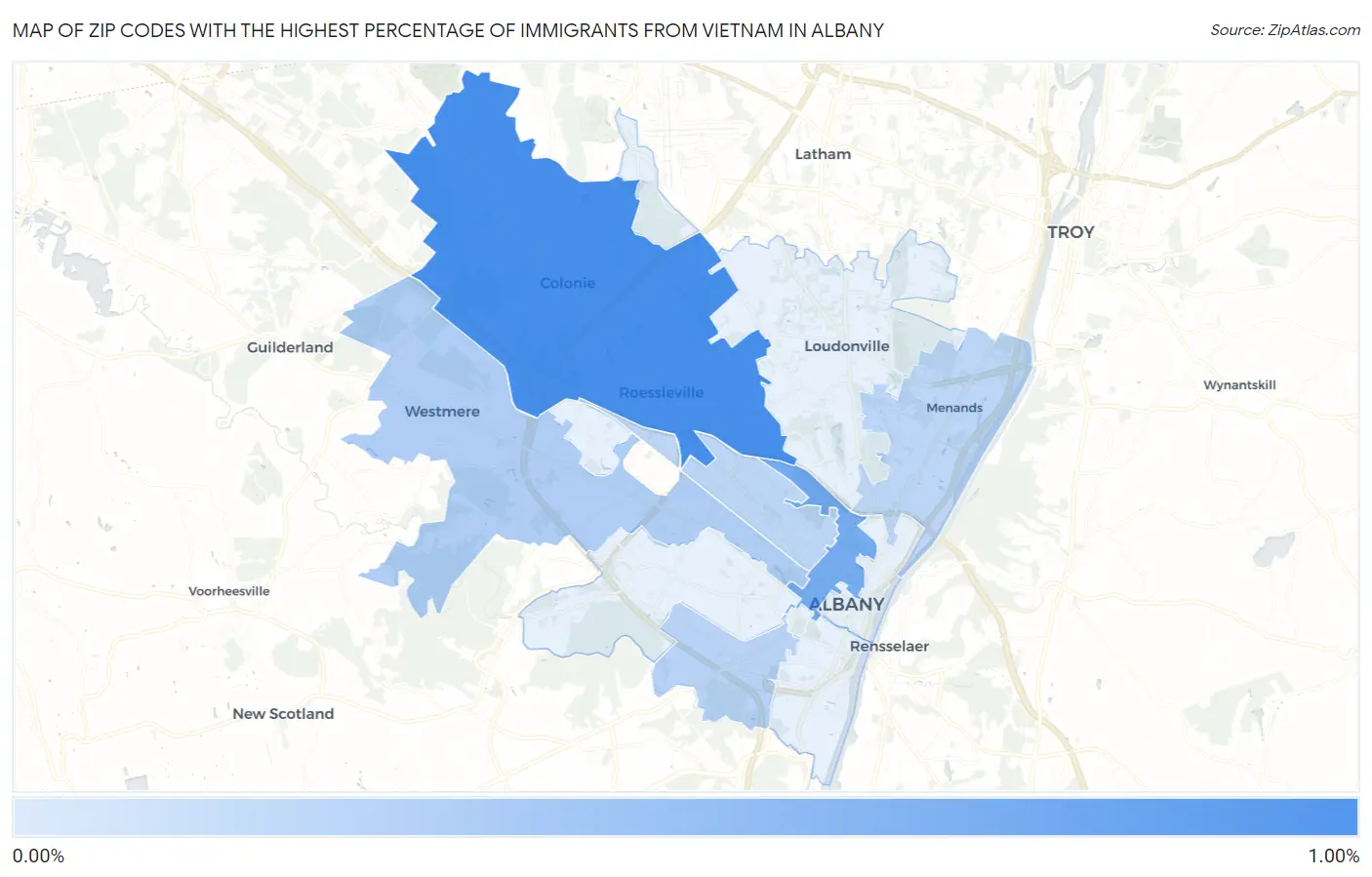 Zip Codes with the Highest Percentage of Immigrants from Vietnam in Albany Map